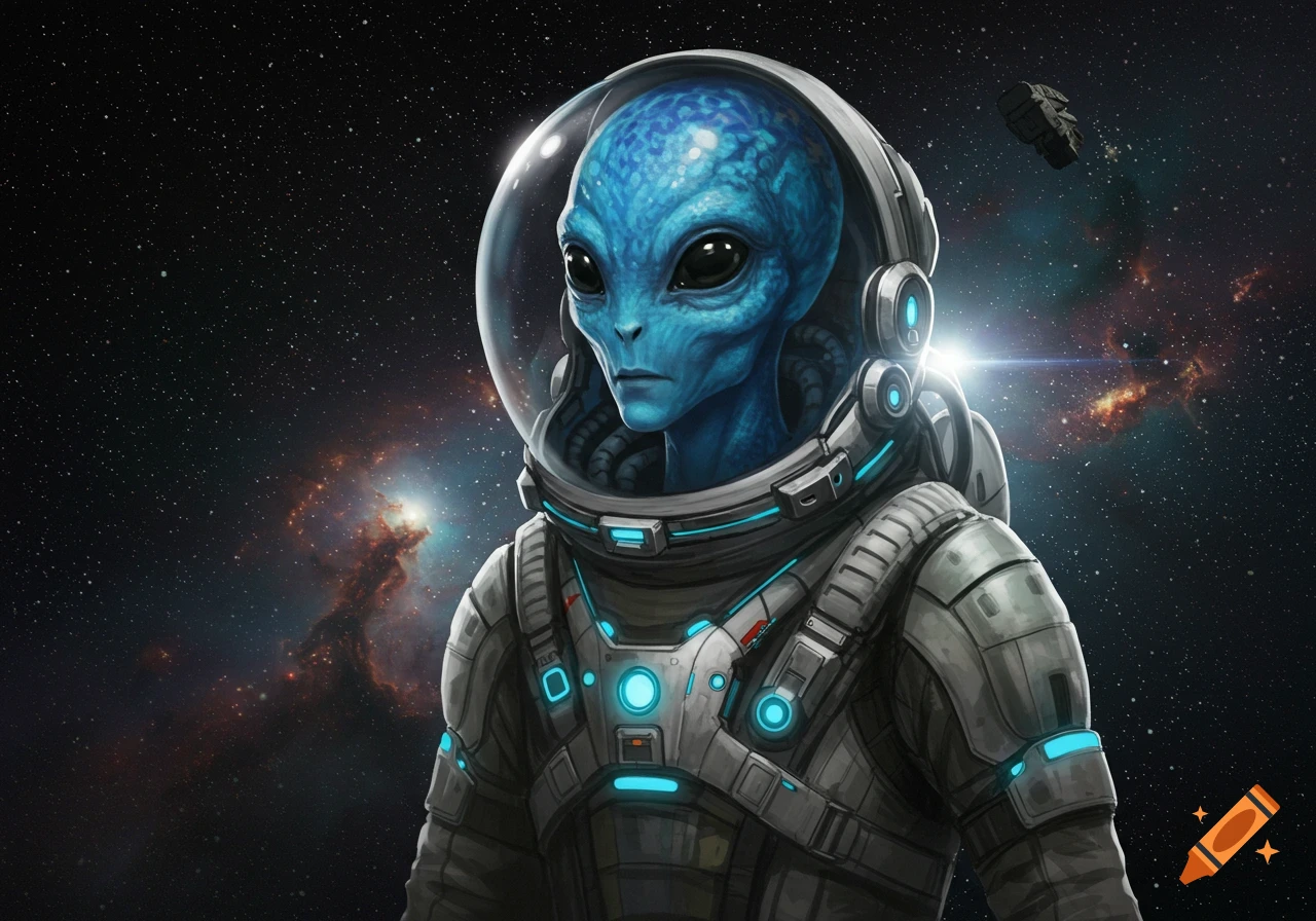 A detailed portrait of a blue-skinned alien wearing a futuristic spacesuit with glowing blue accents, set against a backdrop of stars and a nebula.
