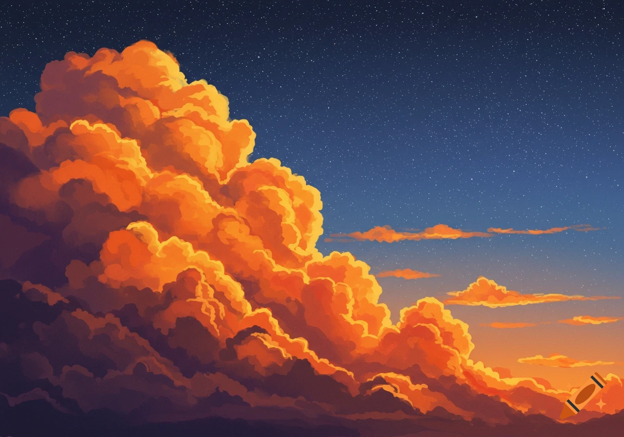 Vibrant orange clouds at sunset against a starry sky in a painted style.
