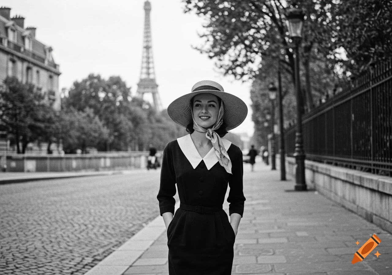 Woman in vintage hat and dress walks on Paris street with Eiffel Tower in background. Black and white photo.