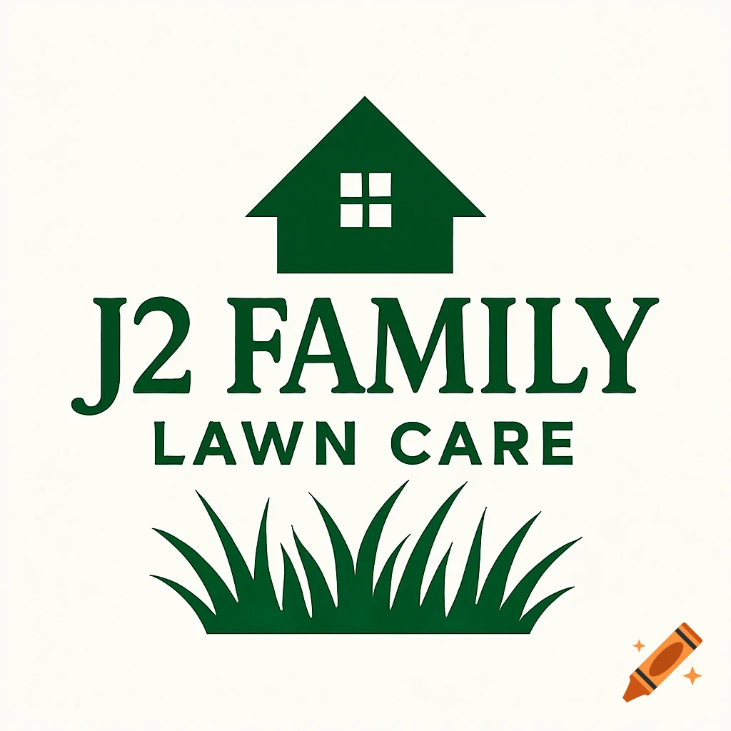 Logo for J2 Family Lawn Care with a house and grass.