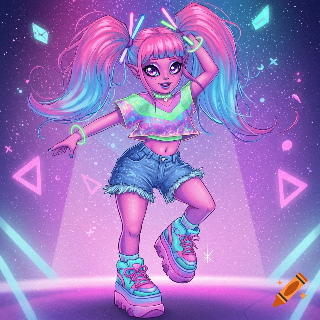 A pink alien girl with bright pigtails in a colorful rave outfit dances in a sparkly, neon background.