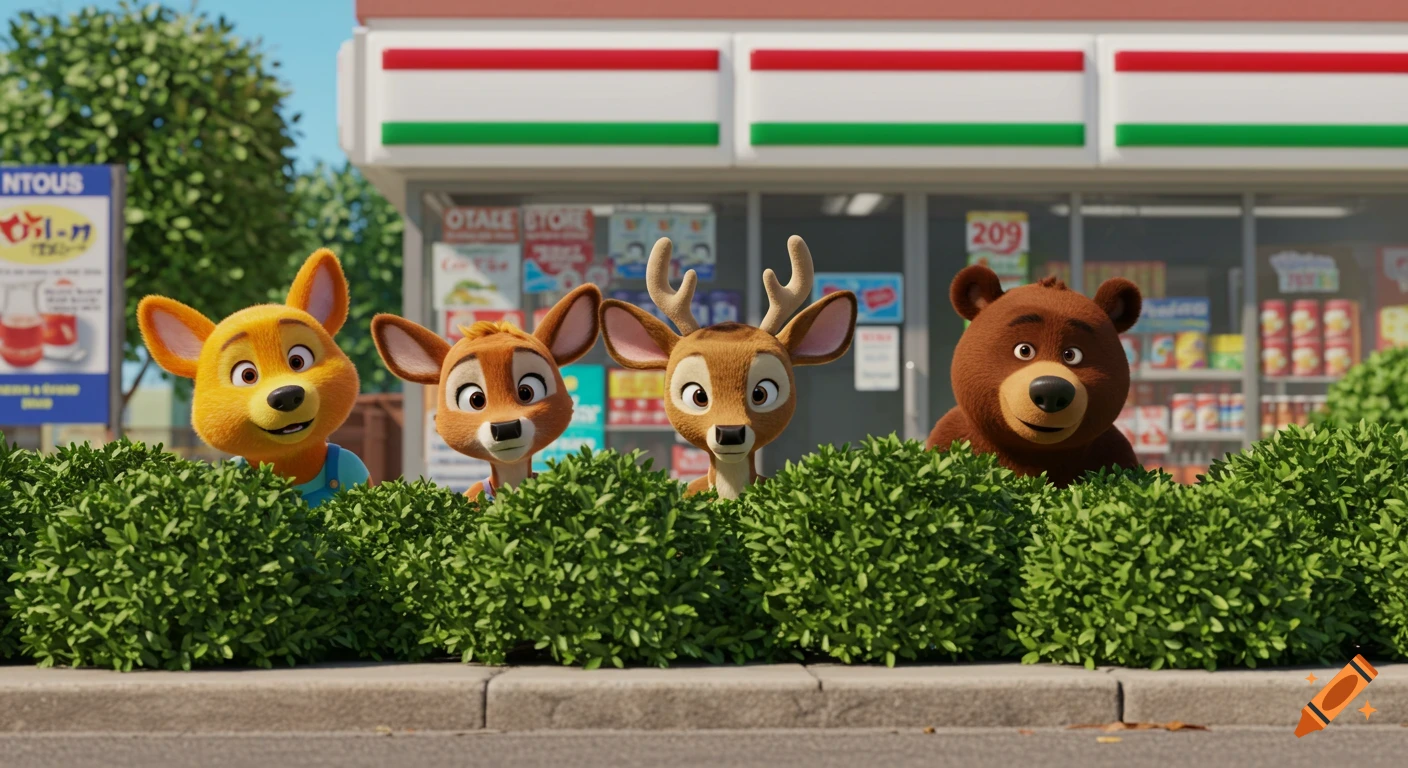Four cartoon animals peek over a bush in front of a convenience store.