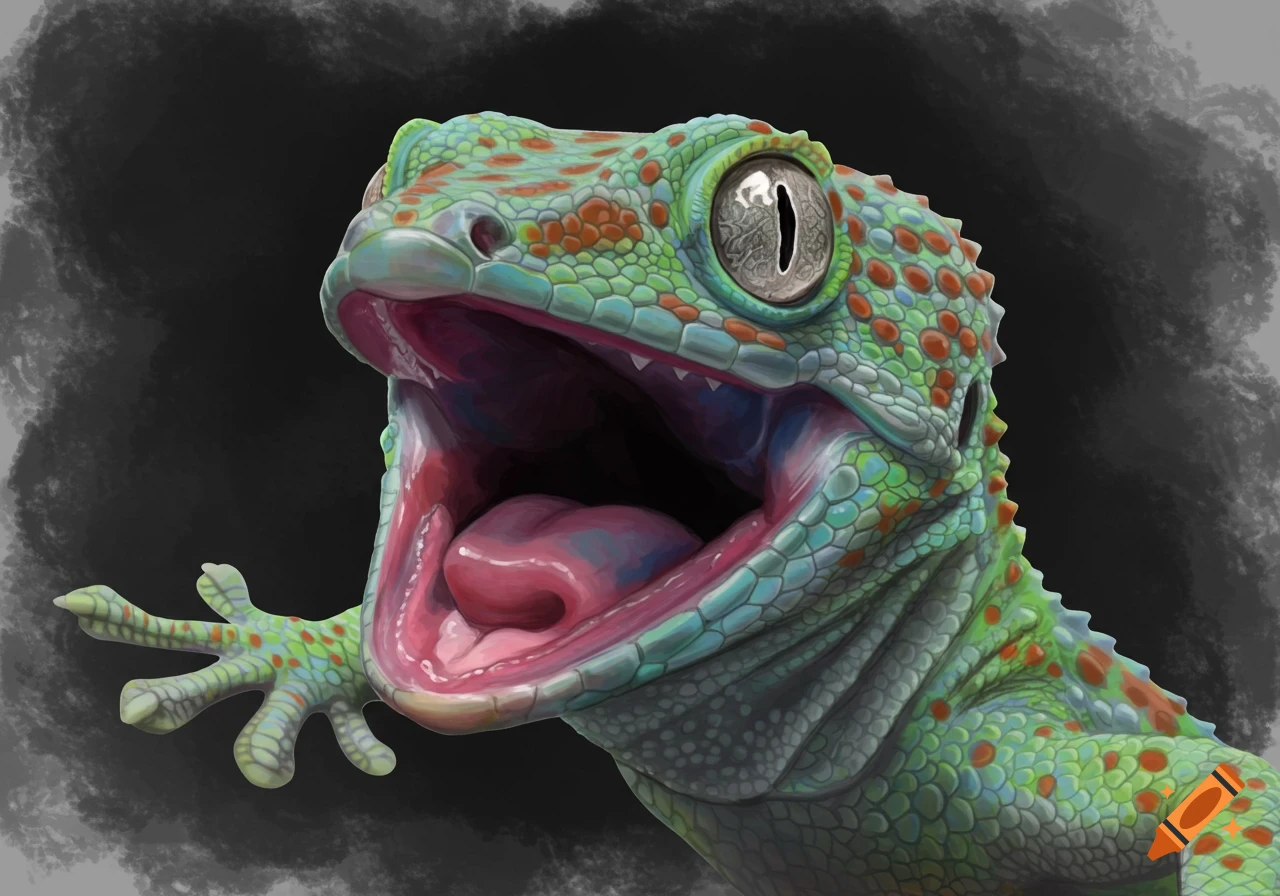 Digital painting close-up of a green gecko with orange spots, mouth wide open