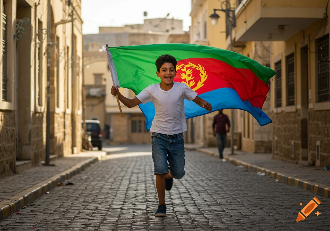 Young boy runs down a cobblestone street holding a large Eritrean flag.