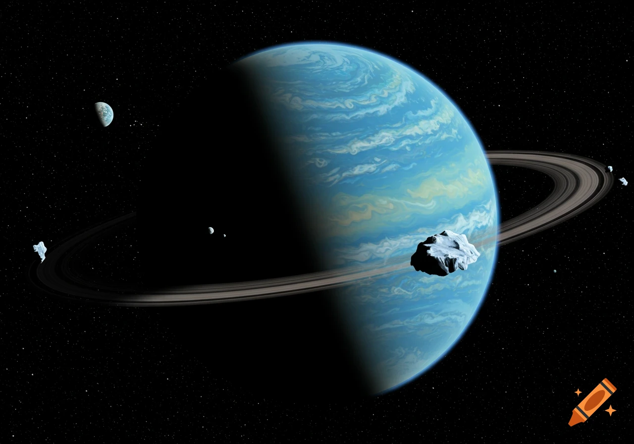 A gas giant planet with rings, moons, and asteroids against a starry background.