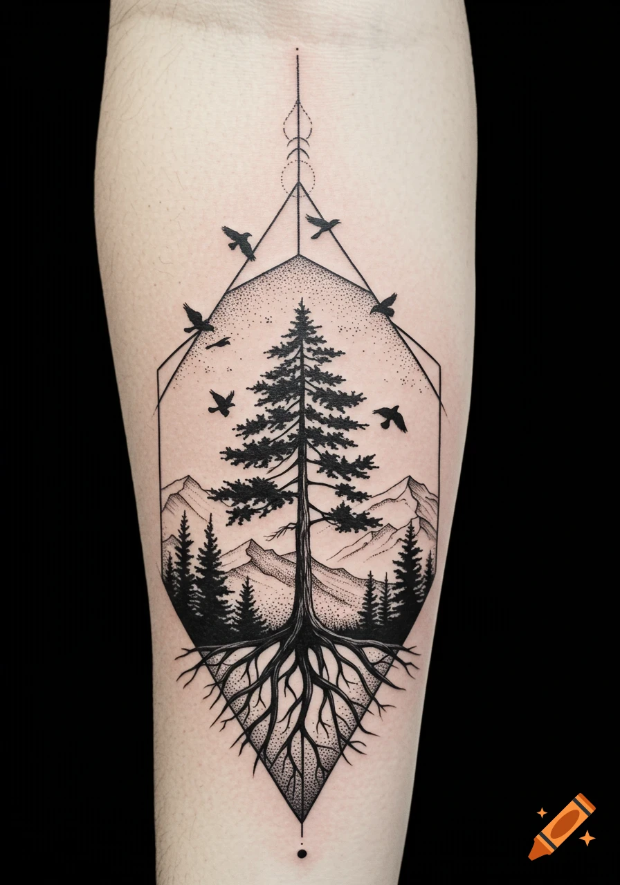 Black and white geometric tattoo of a tree, mountains, roots, and birds on an arm.