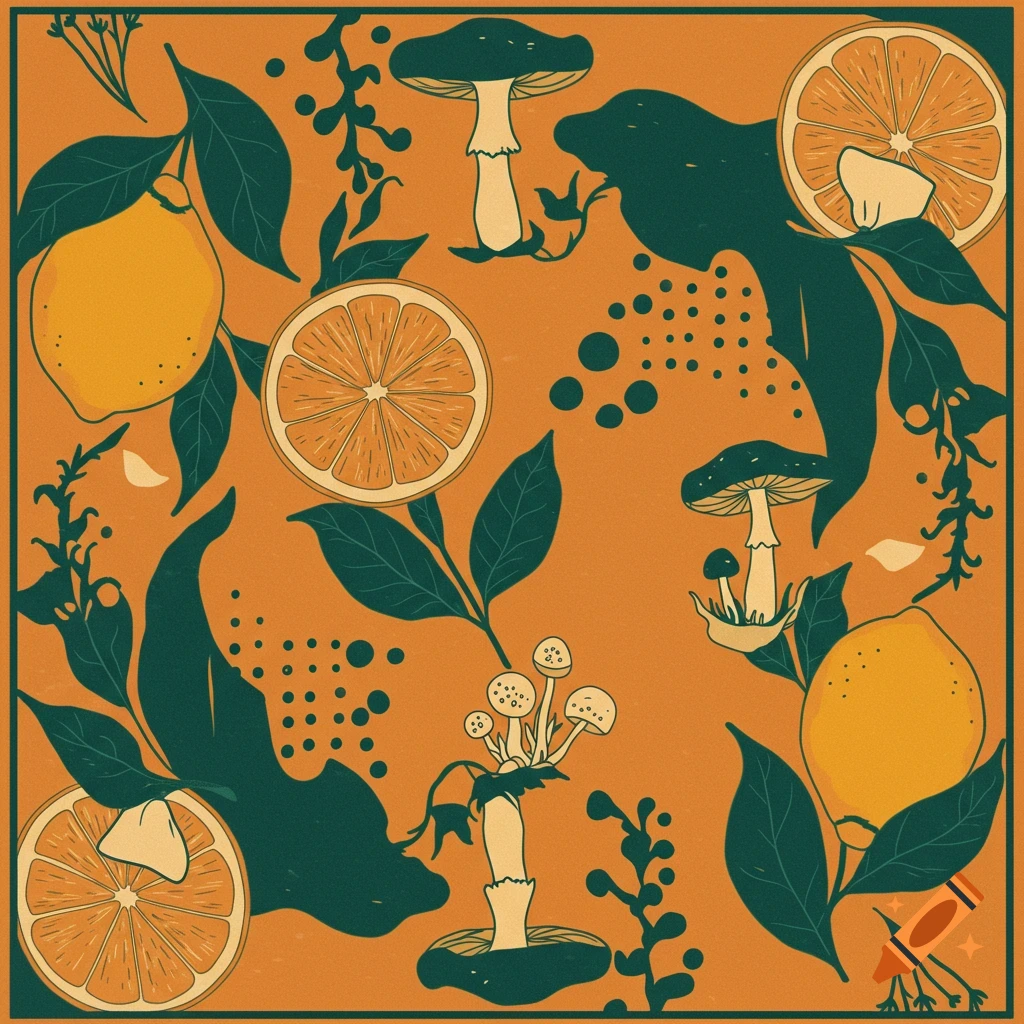 Boho pattern with lemons, orange slices, mushrooms, and dark teal botanical elements on an orange background.
