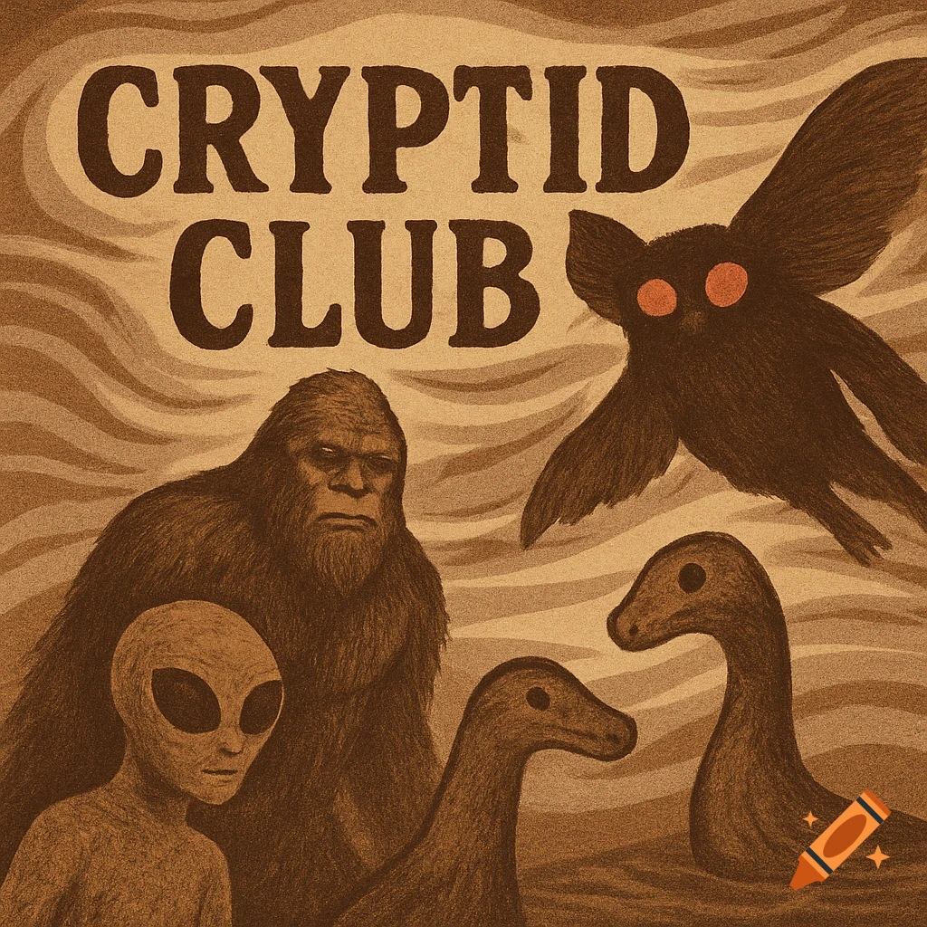 Vintage style illustration of Bigfoot, an alien, Mothman, and sea creatures with the text CRYPTID CLUB