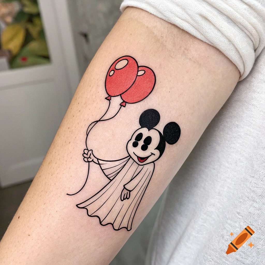 Fineline tattoo on an arm depicting a cartoon mouse character dressed as a ghost holding two red balloons.