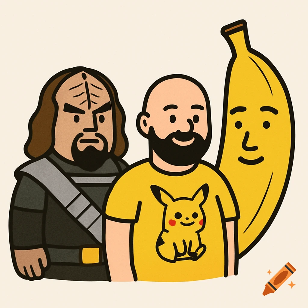 Cartoon illustration of a Klingon, a man in a yellow shirt with a Pikachu design, and a giant banana with a face.
