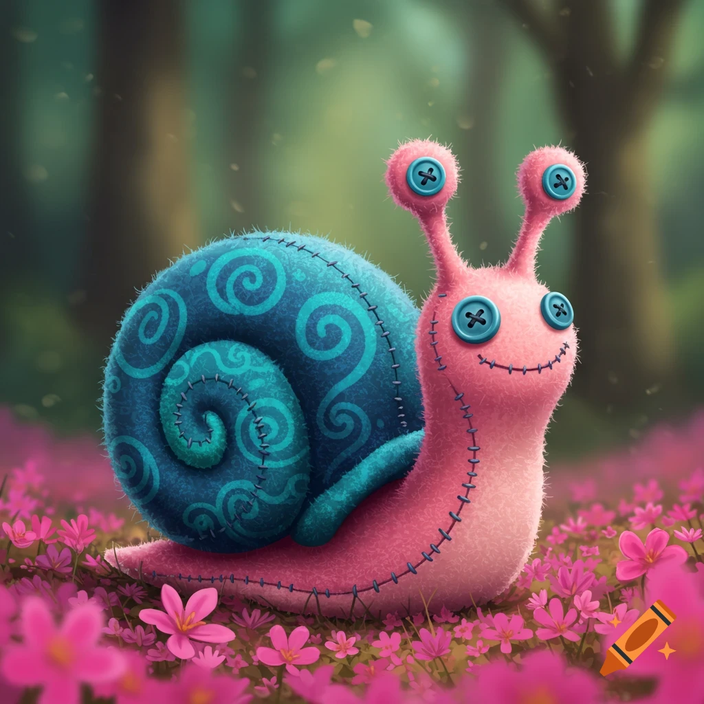 A pink stuffed snail with a blue spiral shell sits in a field of pink flowers.