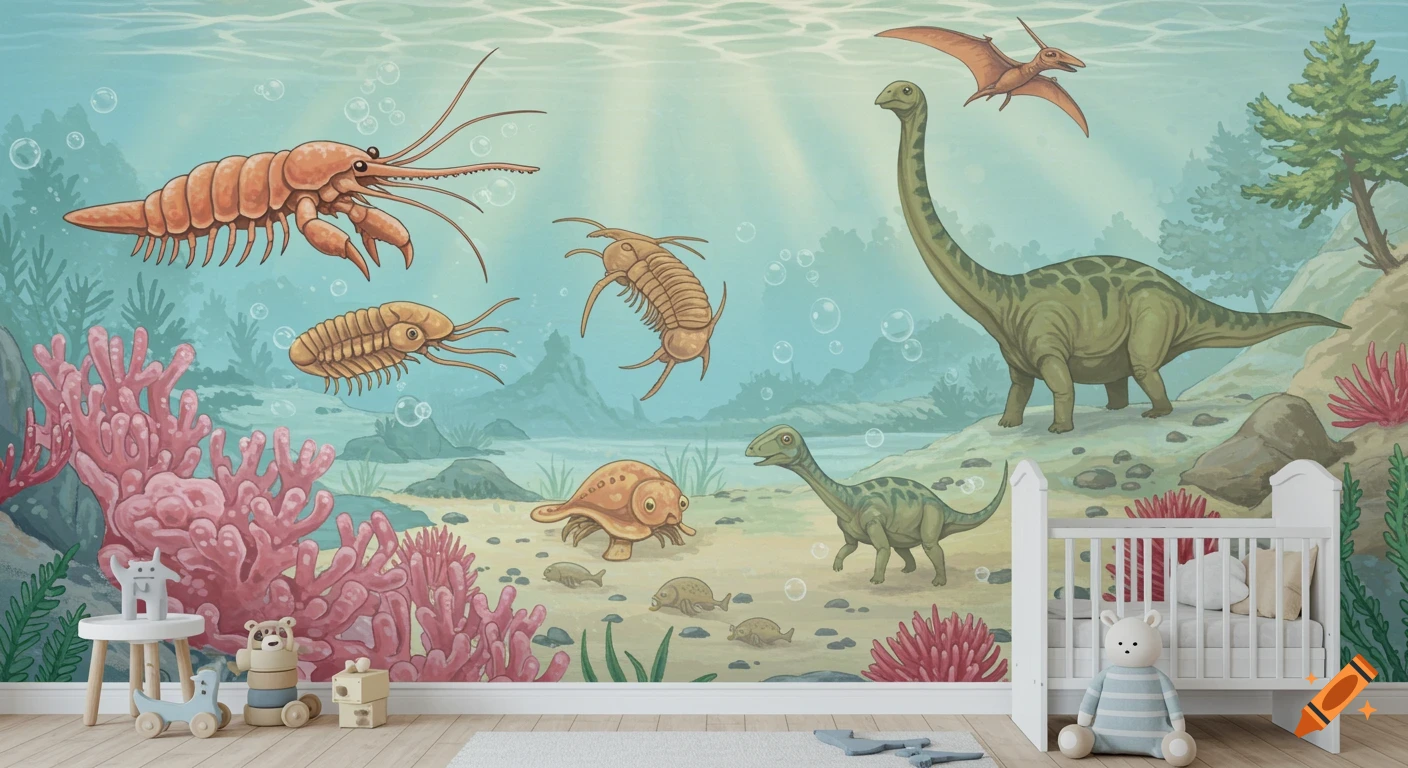 Mural of dinosaurs and prehistoric sea creatures in a pastel illustration style