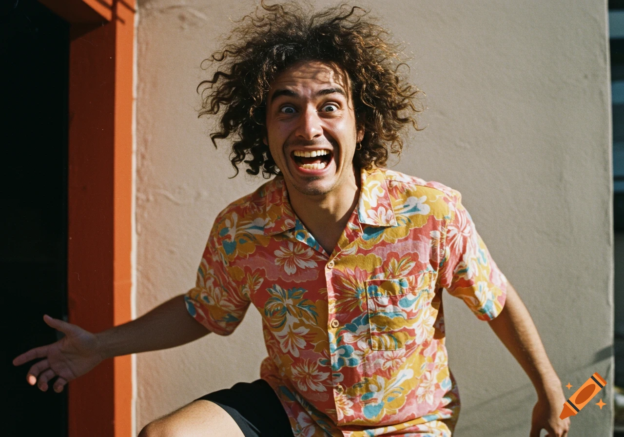 A man with curly hair in a tropical shirt makes a funny face, photo.