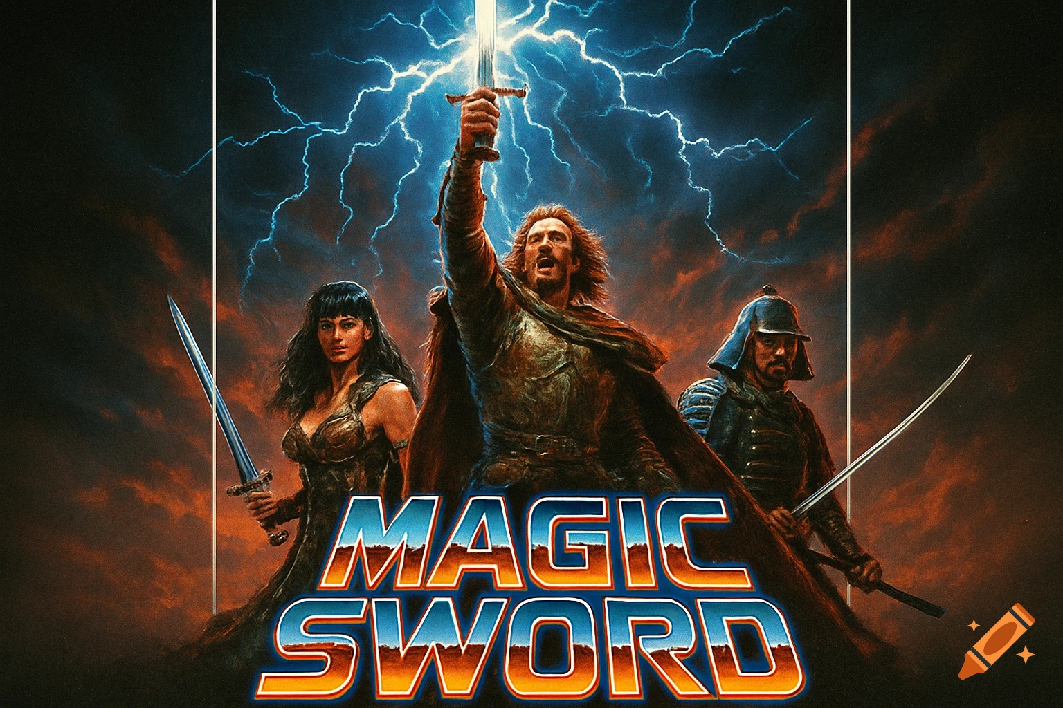 Retro fantasy movie poster: man raises glowing sword with lightning, woman holds sword, samurai holds katana.