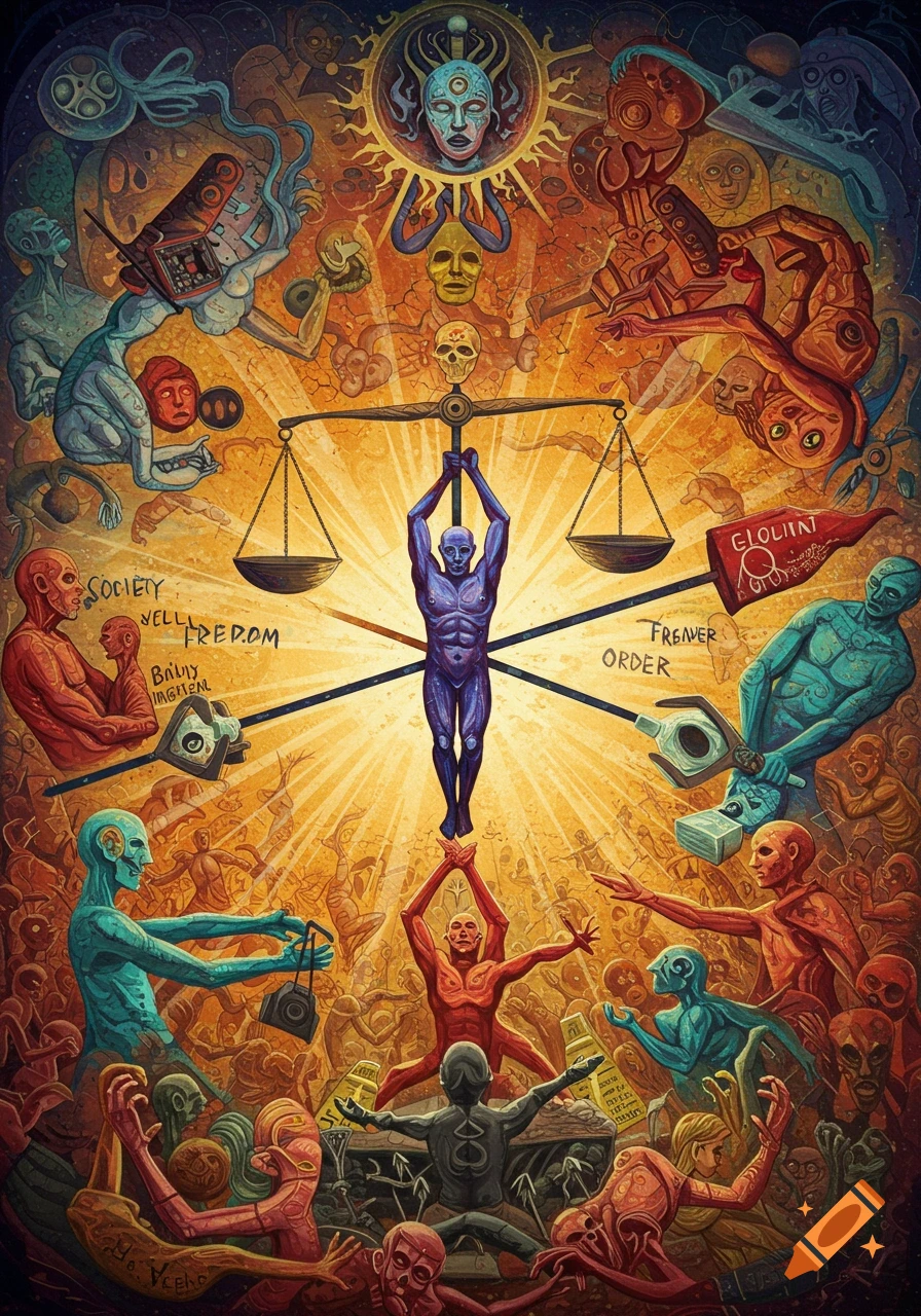 Surreal allegorical artwork depicting figures in struggle around a scale, symbolizing societal balance and conflict. The style is detailed and grotesque.