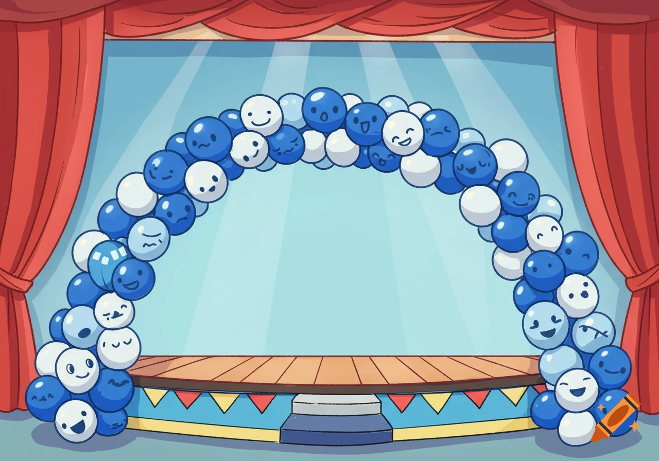 A cartoon illustration of a stage with a blue and white balloon arch made of balloons with faces.