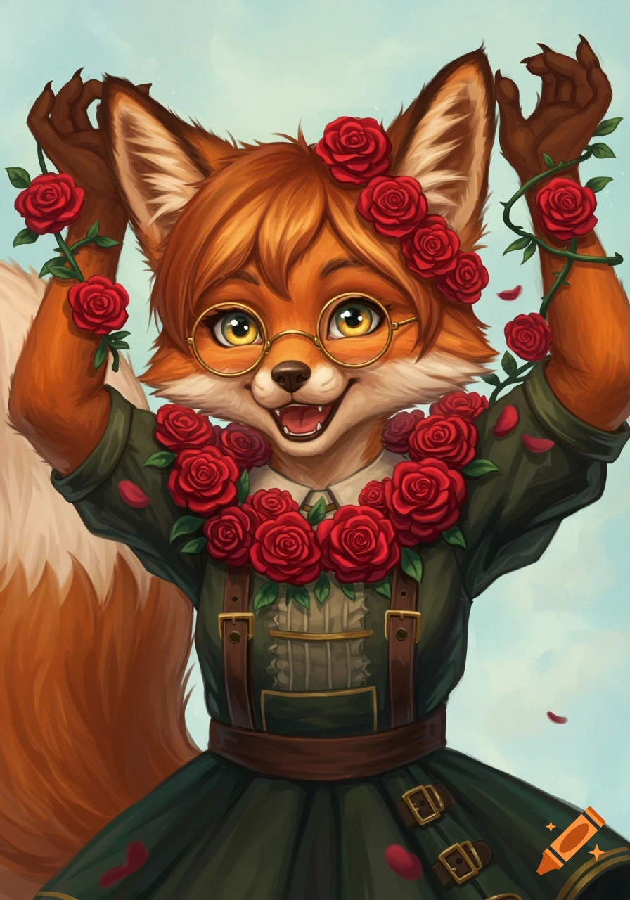 An anthropomorphic fox girl with glasses, wearing a green dress, smiles surrounded by red roses and vines.