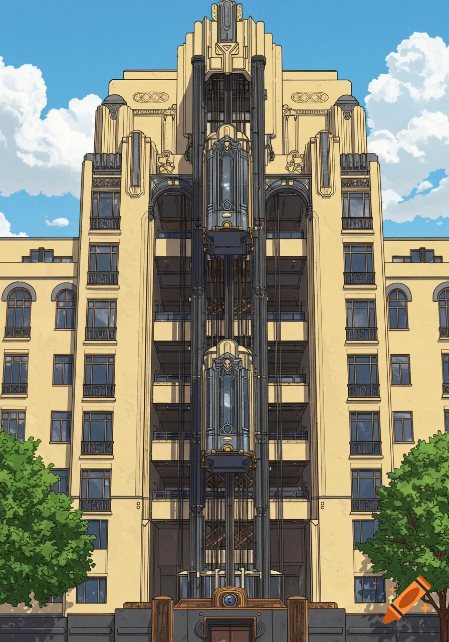 An Art Deco building with prominent exterior elevators under a blue sky.