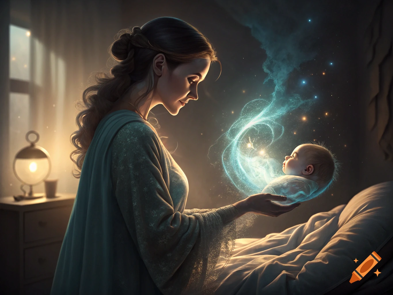 A woman holding a baby in magical glowing light