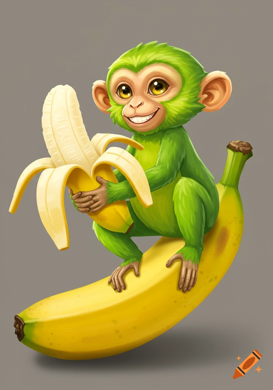Illustration of a green monkey sitting on a banana and holding peeled banana sections