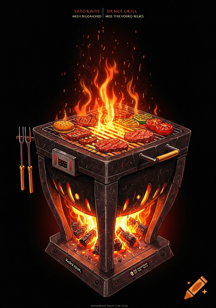 A detailed illustration of a BBQ grill with meat and vegetables cooking over hot coals and flames on a black background.