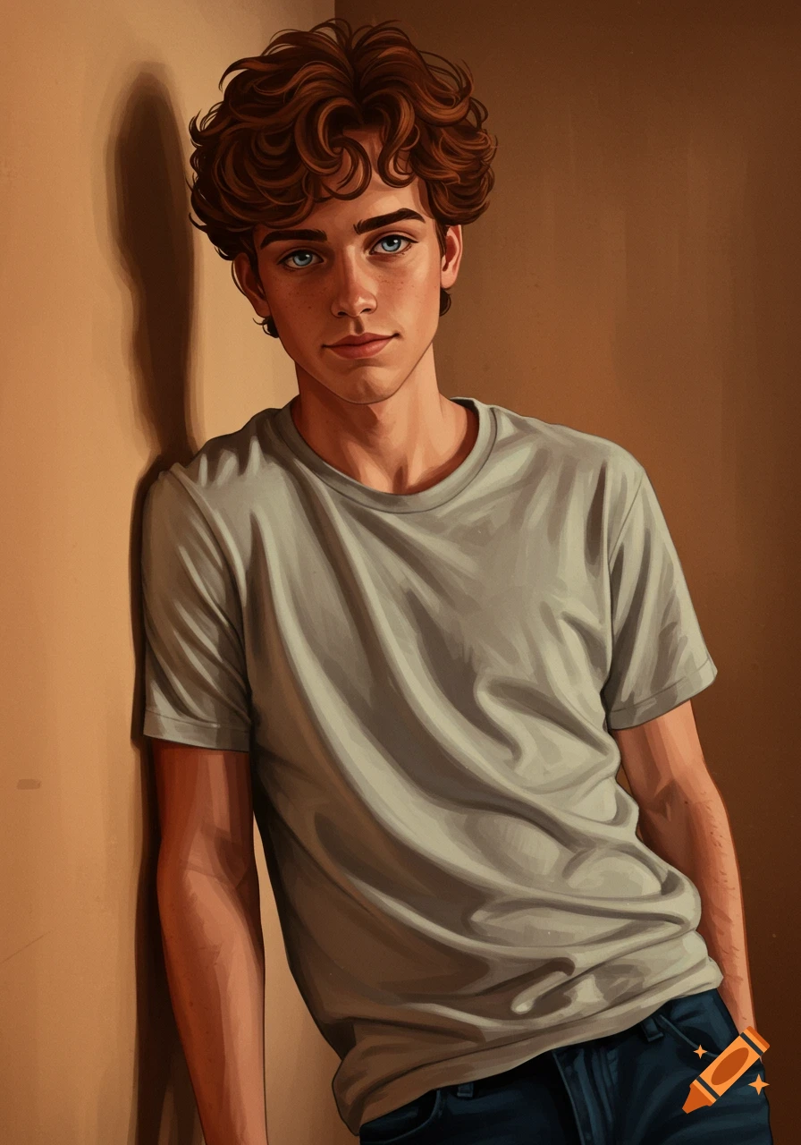 A digital art portrait of a young man with curly brown hair and blue ...
