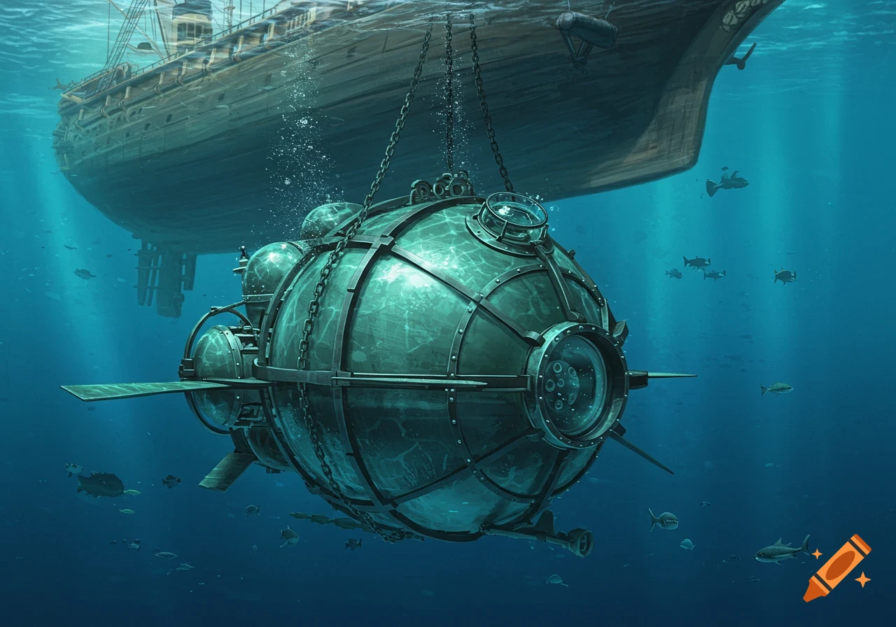 A bathysphere towed underwater by a ship, artistic rendering.