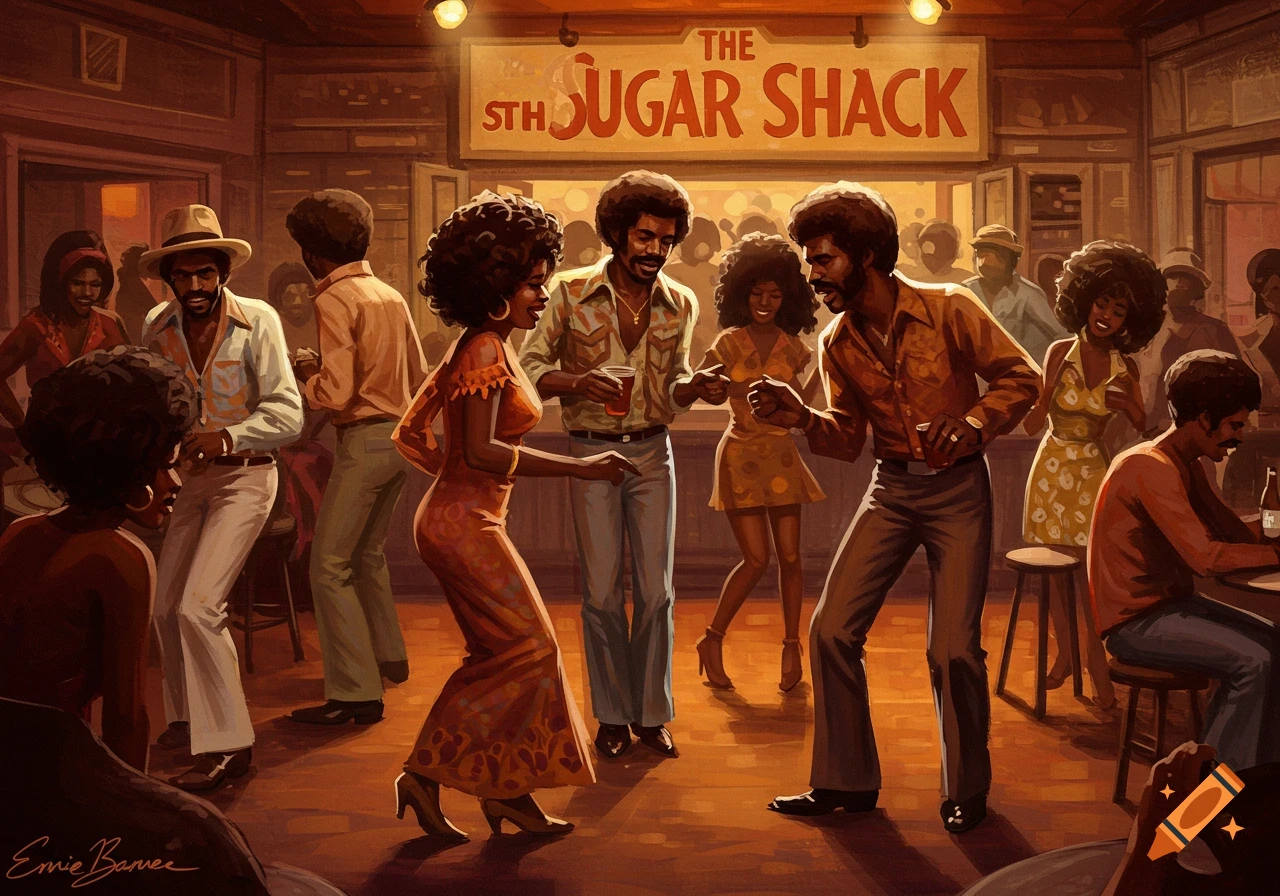 People dance in a dimly lit bar with 'The Sugar Shack' sign, in Ernie Barnes's style.
