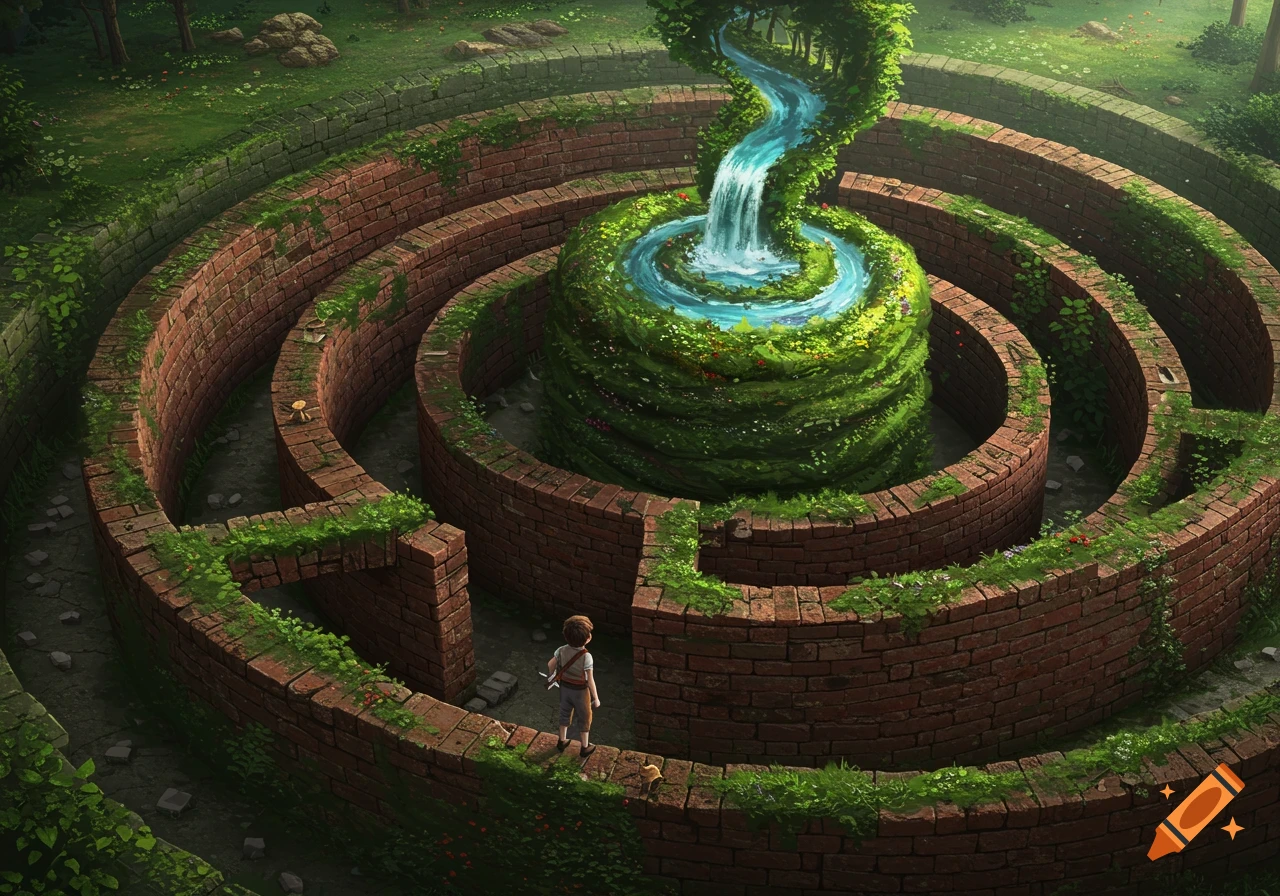 A boy stands in an overgrown brick maze with a waterfall flowing from a grassy mound in the center.