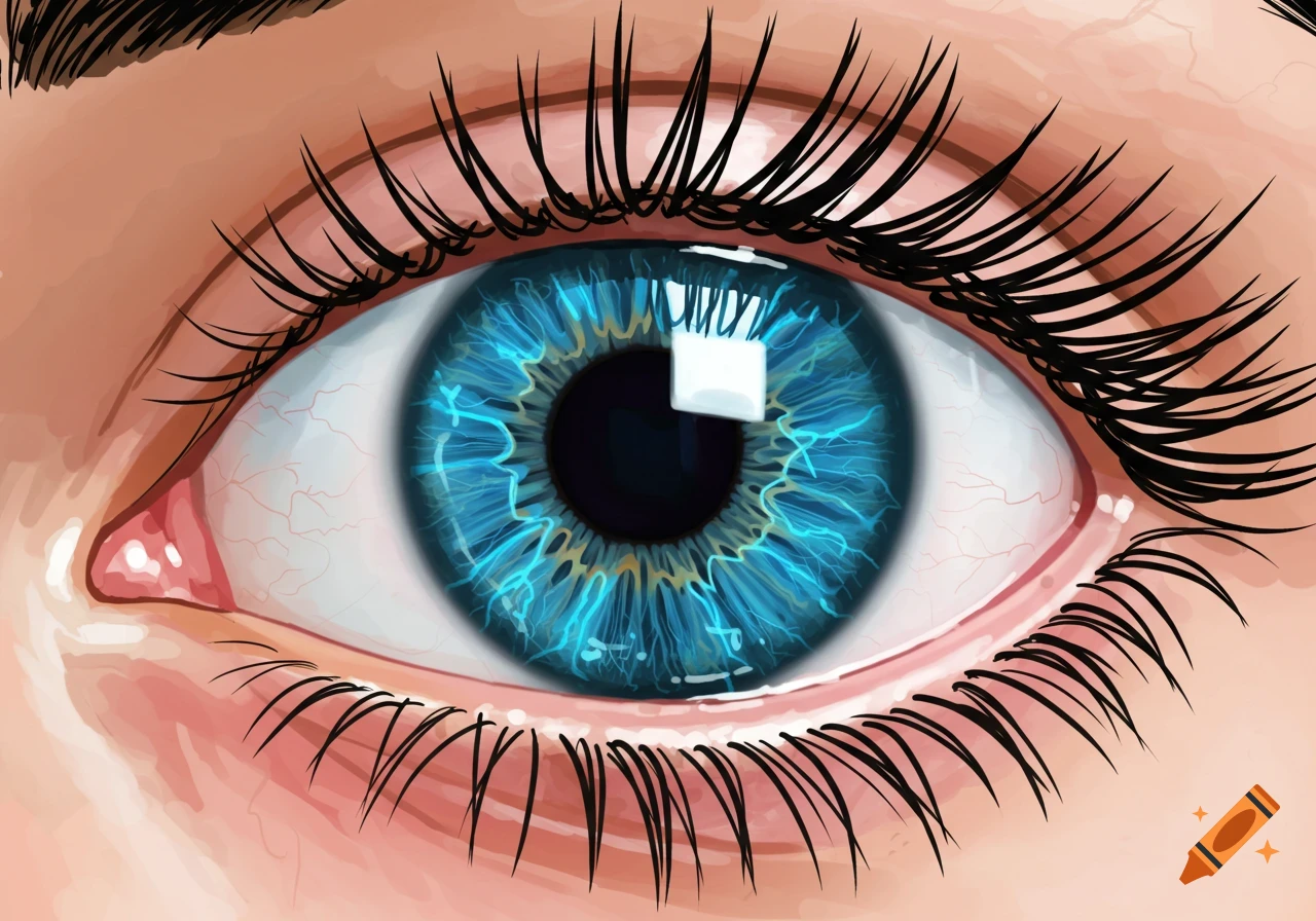 A detailed cartoon drawing of a blue eye with thick eyelashes.