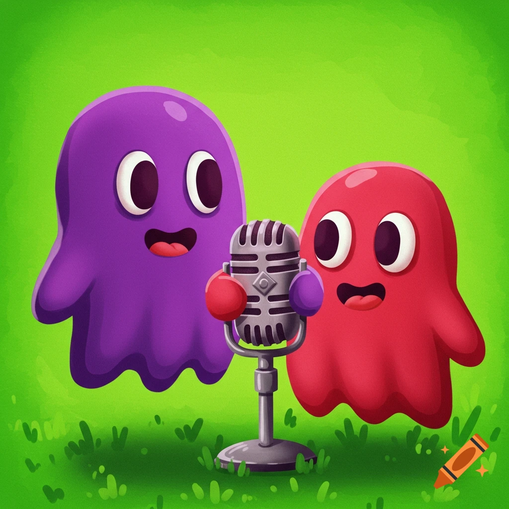 Purple and red cartoon ghosts holding a podcast microphone in grass