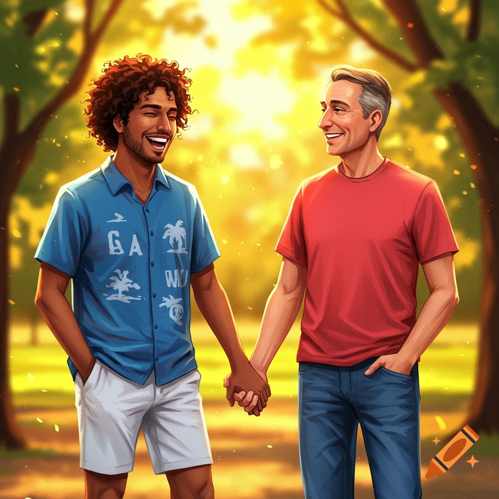 Two men holding hands and smiling at each other while walking through a ...