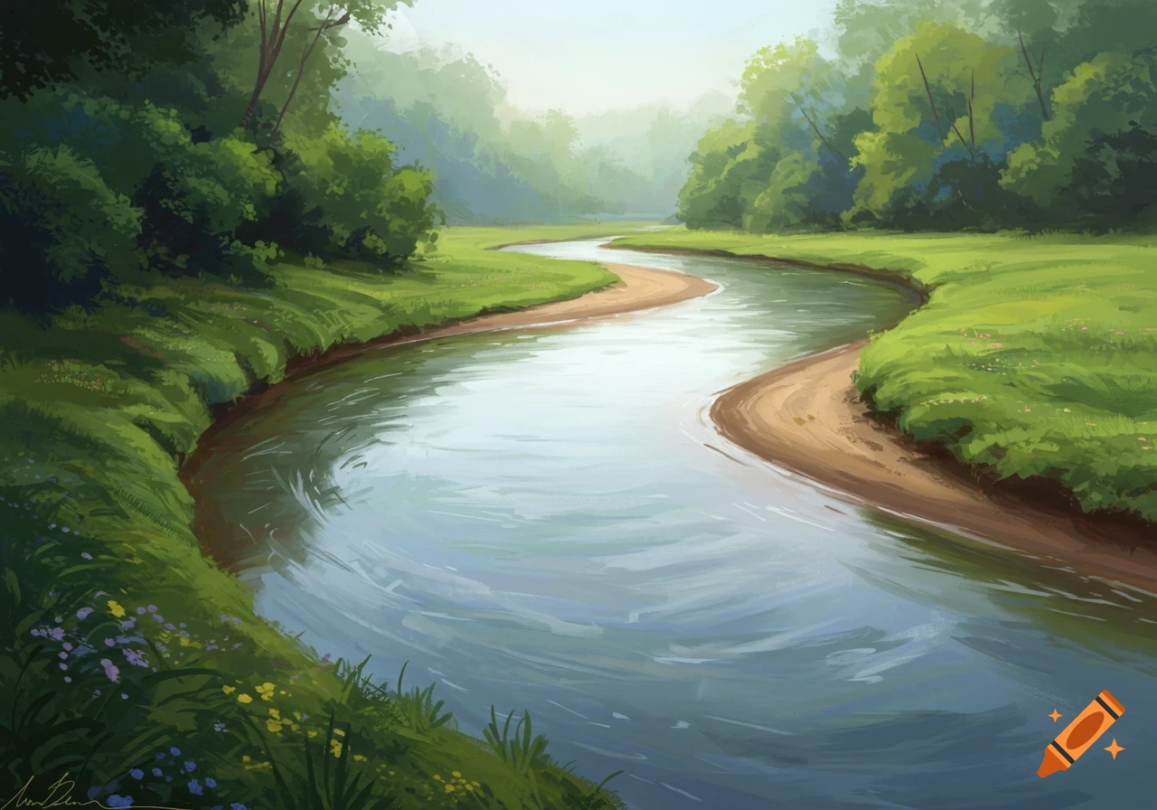 A winding river flows through a green landscape with trees and grass in ...