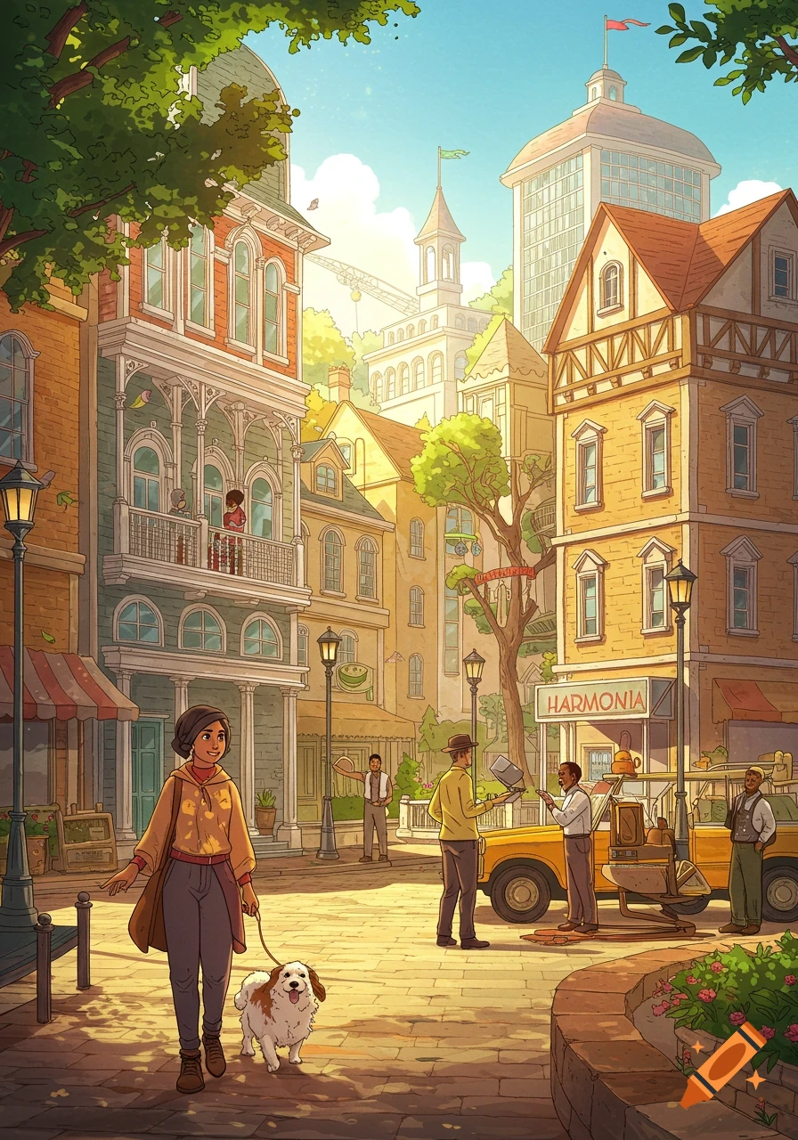 Detailed illustration of a woman walking her dog on a sunny street in the town of Harmonia.