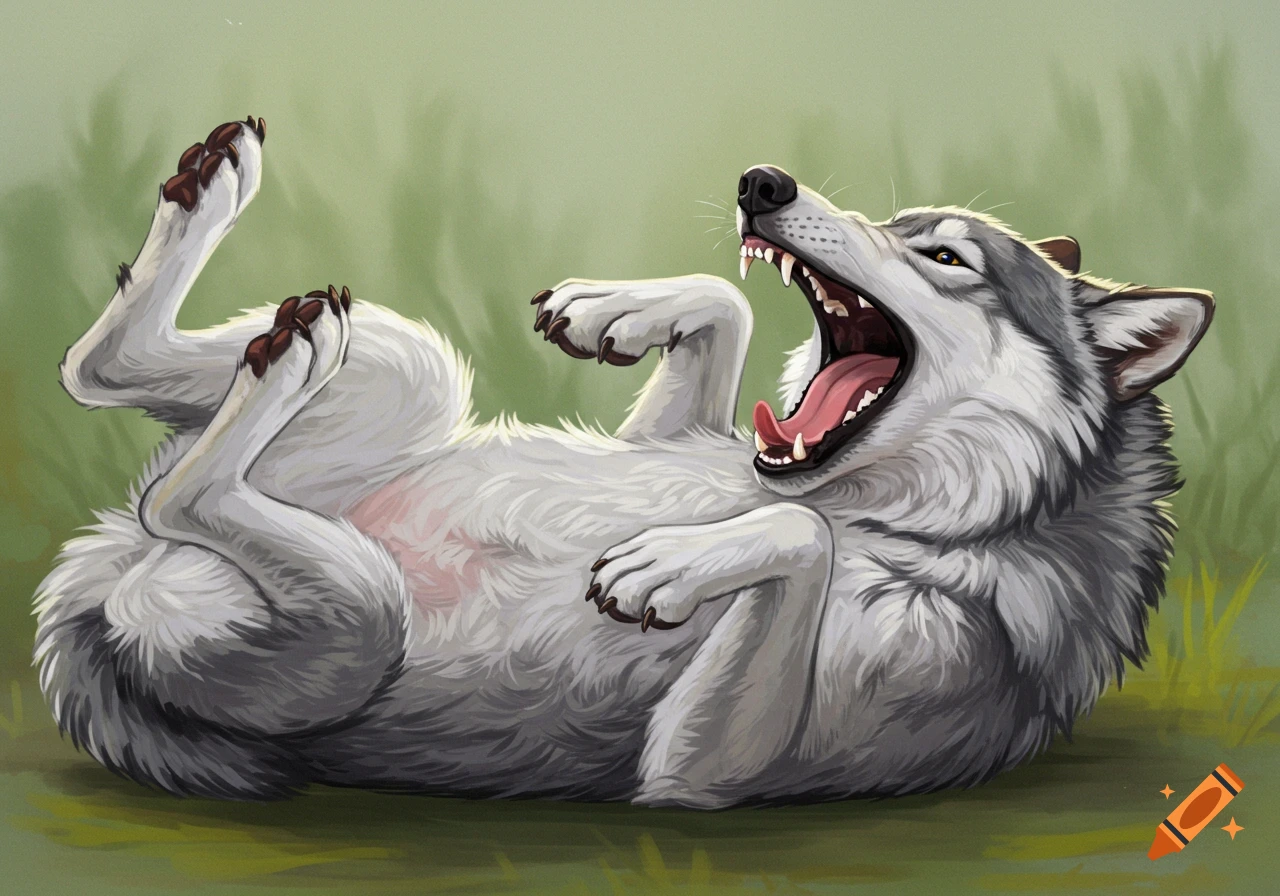 A wolf rolling on its back, yawning, exposing its belly.