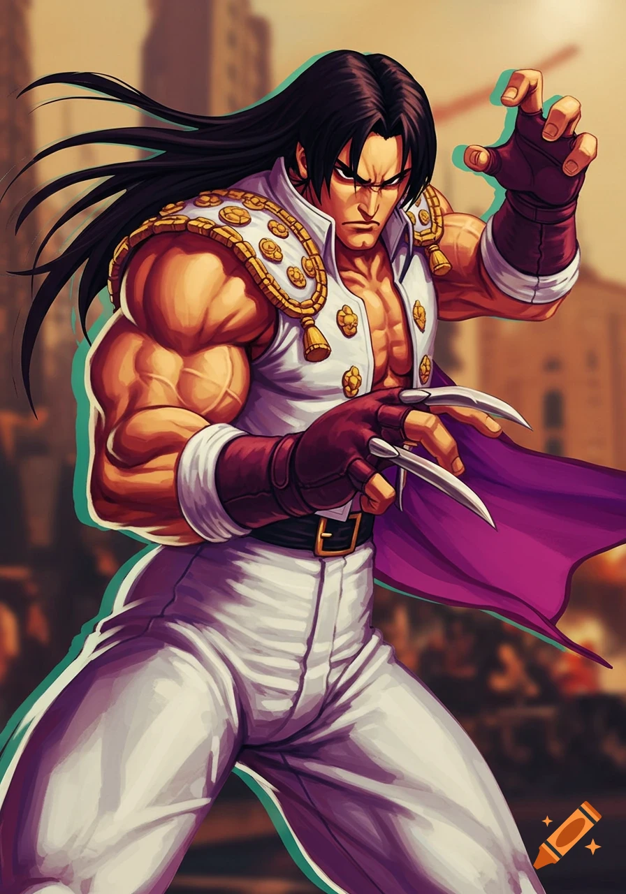 Muscular fighter with claws in white outfit, anime style
