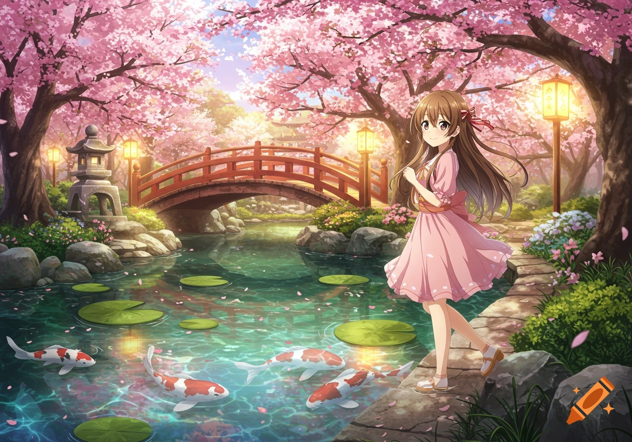 An anime girl in a pink dress stands by a koi pond with lily pads, koi fish, a bridge, and cherry blossom trees in a Japanese garden.
