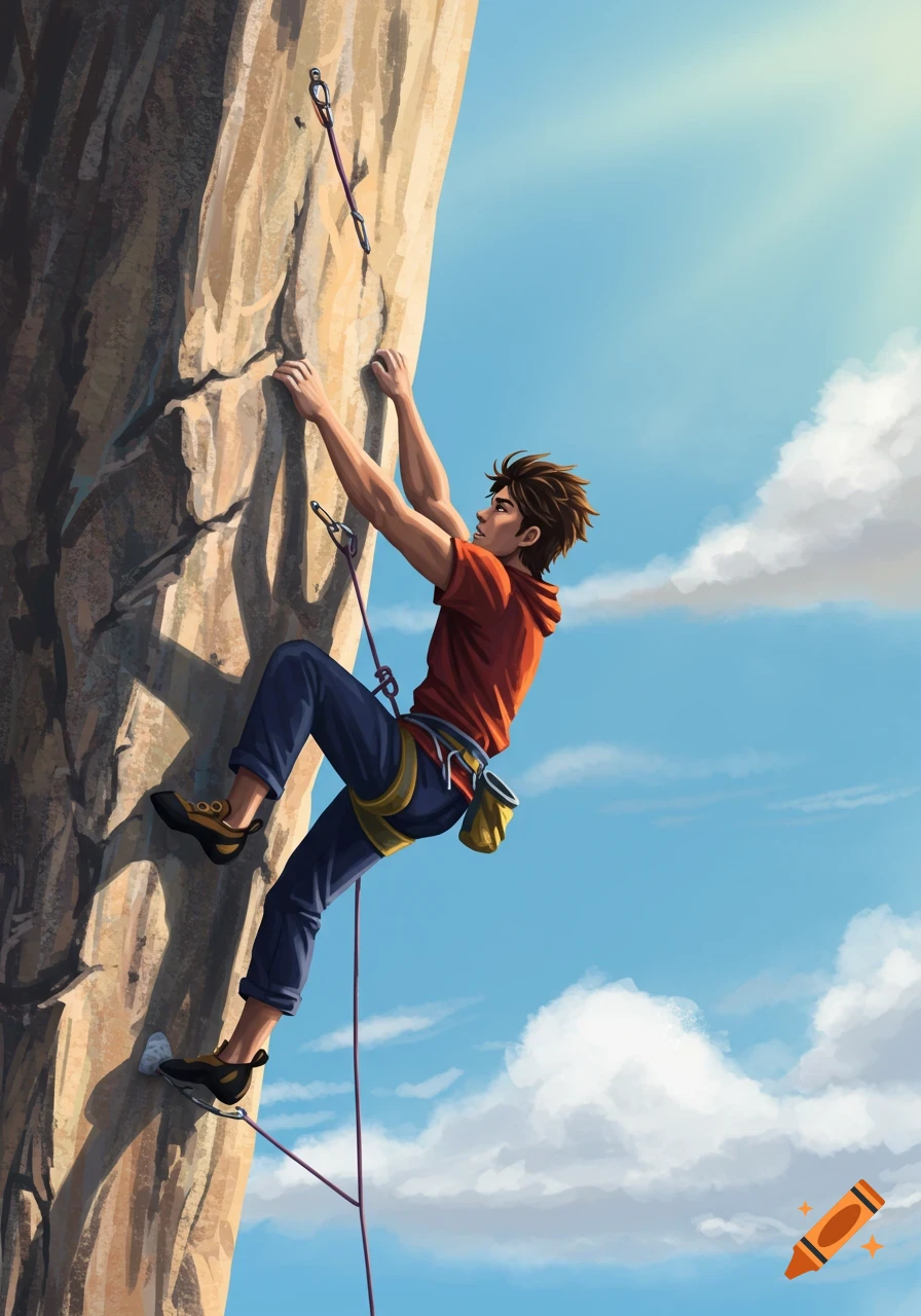 An illustration of a person rock climbing up a sheer rock face against a bright blue sky.