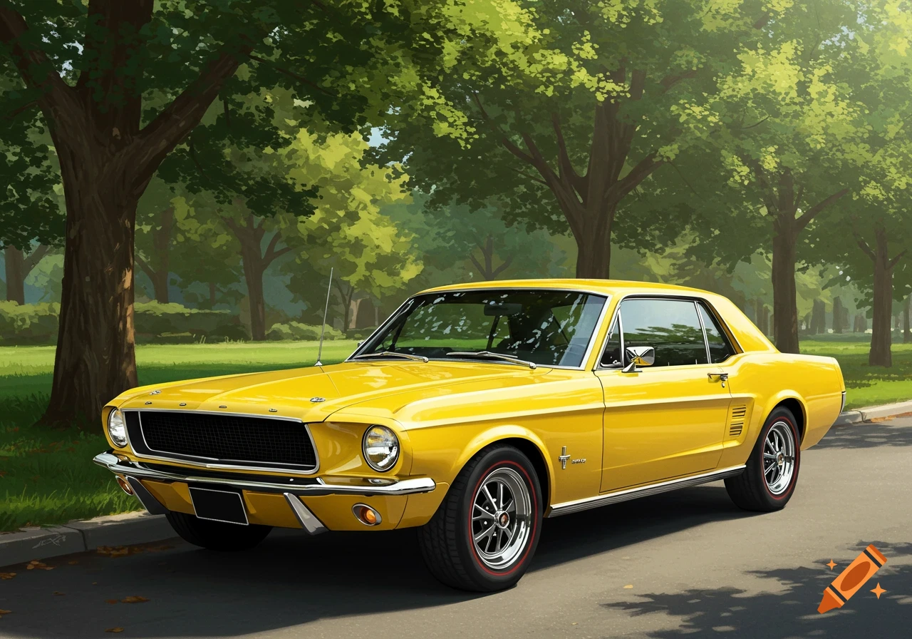 A bright yellow classic car is parked on a street near a grassy park with large trees.