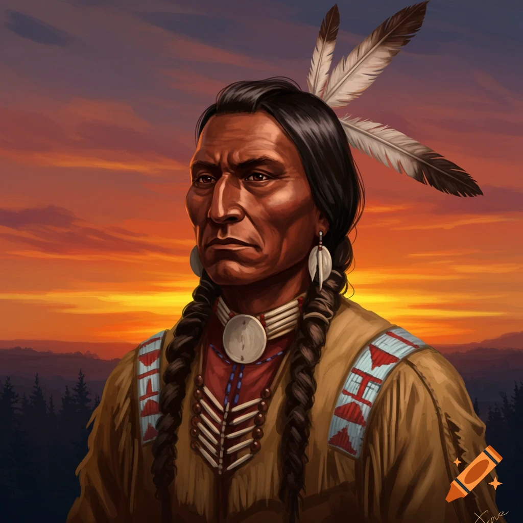 Portrait of a Native American man in traditional clothing with feathers and braids, against a sunset.