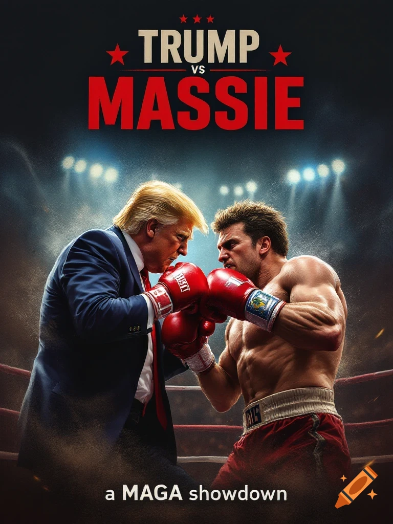 Movie poster-style image of Trump and Massie boxing in a ring with headlines 'Trump vs Massie' and 'a MAGA showdown'.