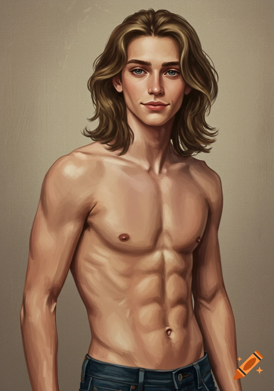 Digital painting of a shirtless young man with long blonde hair, blue eyes, and visible abs.