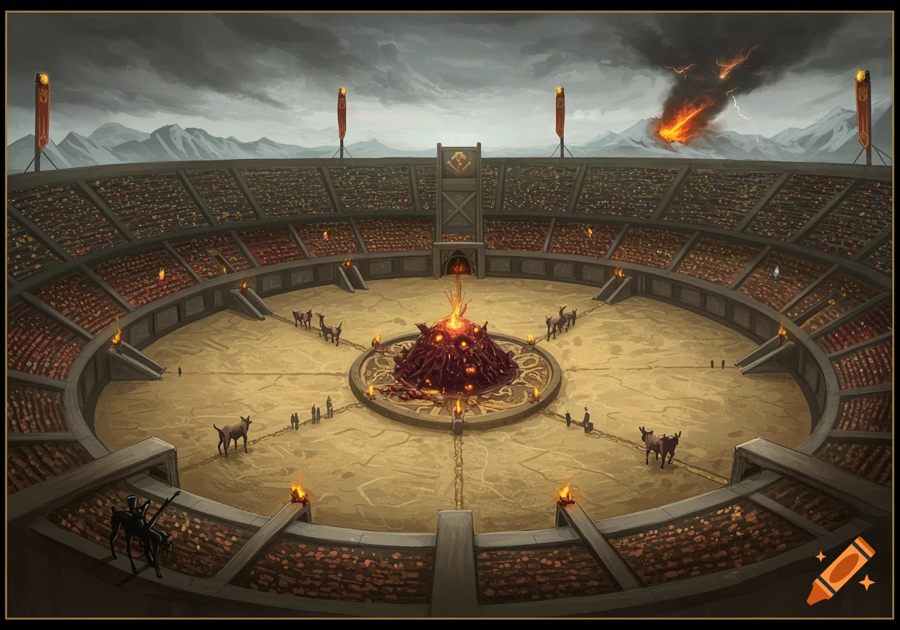Digital painting of a large fantasy arena with spectators, a central pyre, animal creatures on the floor, and a stormy sky.