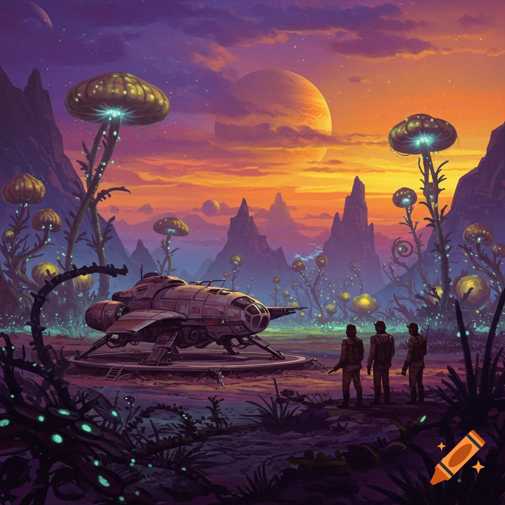 A spaceship lands on an alien planet with giant glowing plants and rocky peaks under a sunset sky, viewed by two explorers. Classic sci-fi painting style.