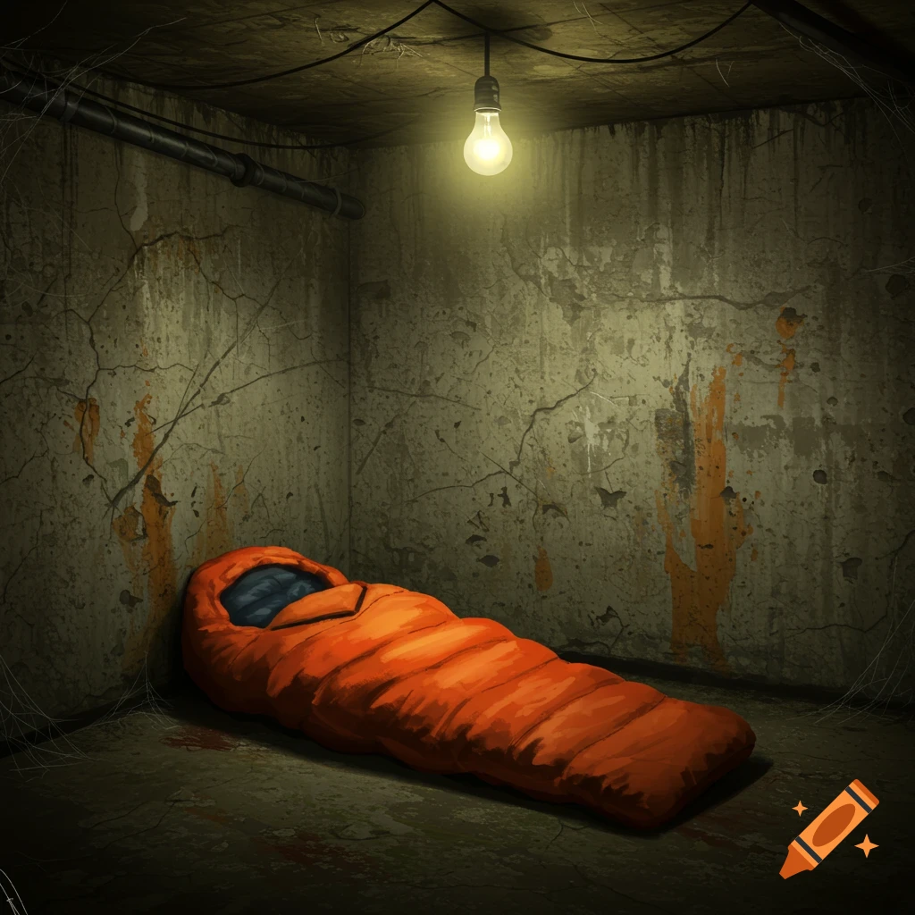 An orange sleeping bag lies on the floor in a dark, dirty basement room lit by a single bare bulb. There are stains on the walls and floor.