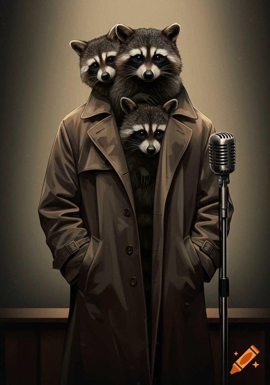 Three raccoons stacked in a trench coat stand next to a microphone.