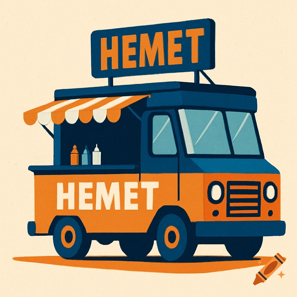 Mid-century style cartoon illustration of an orange and blue food truck with "HEMET" written on it.