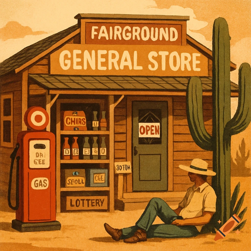 Stylized illustration of a general store with a gas pump and a person relaxing under a cactus in a desert.