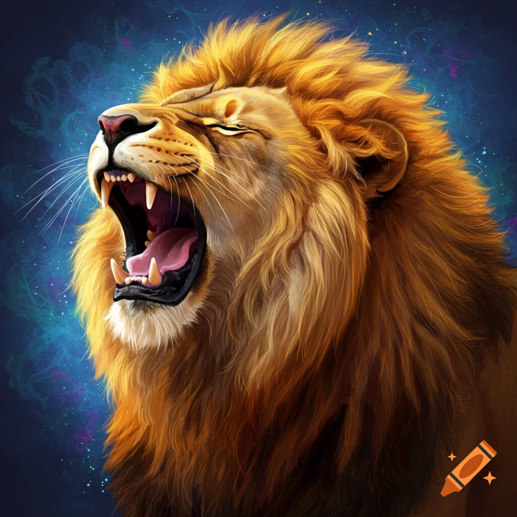A fierce lion roars with mouth wide open against a vibrant cosmic background.