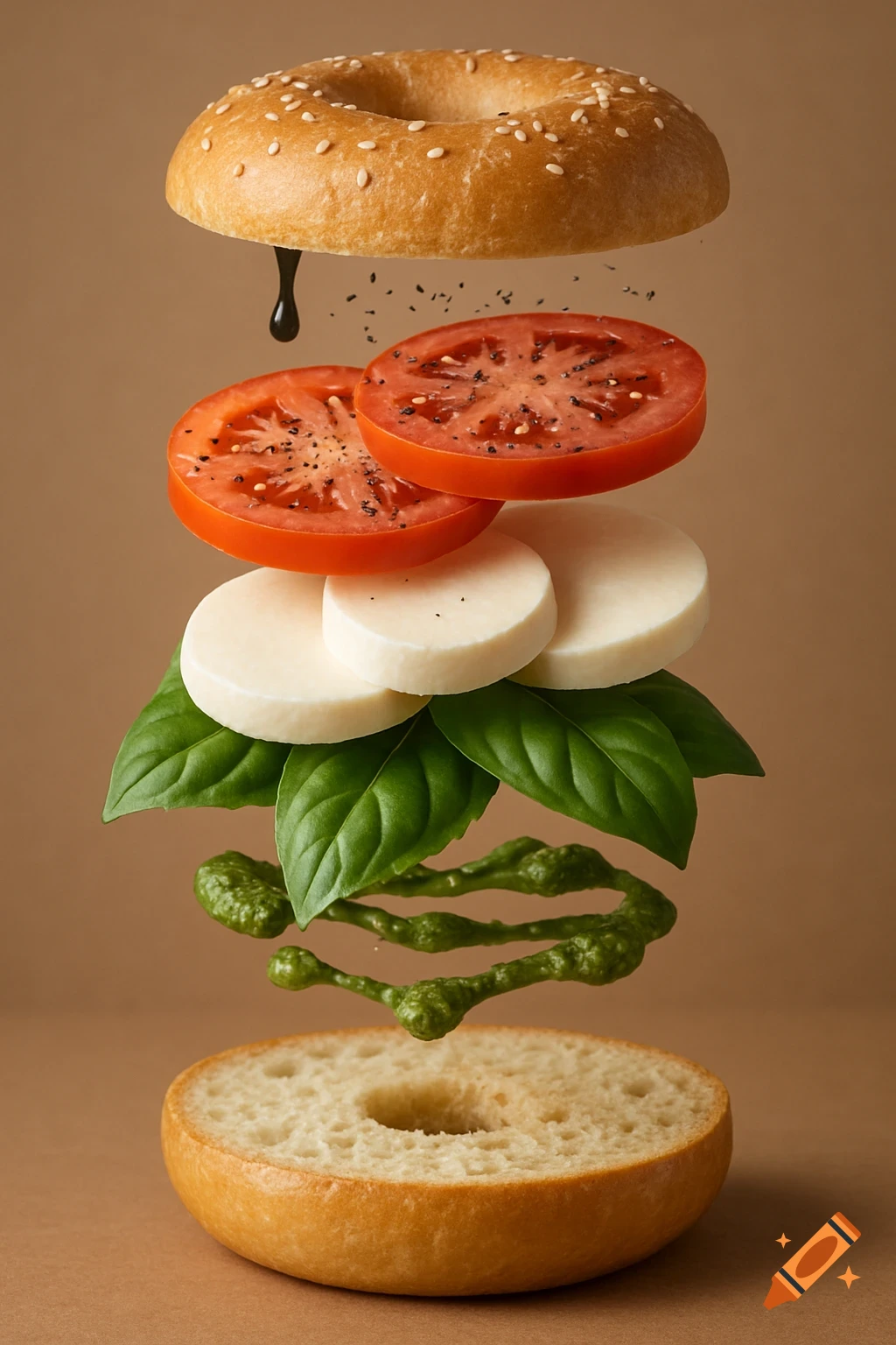 Exploded view of a Caprese bagel sandwich with pesto drizzle and balsamic glaze floating on a brown background, photorealistic.